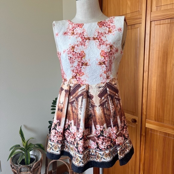 NWT Fit & Flare Greece Cherry Blossom Sleeveless Mini Dress Avant Garde - Picture 2 of 8